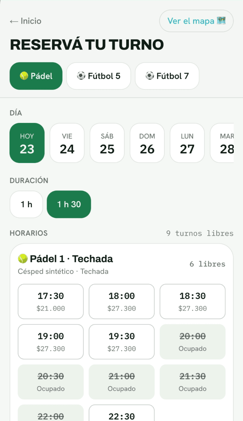 MATCHPOINT — pantalla de reserva de turnos con horarios libres y ocupados