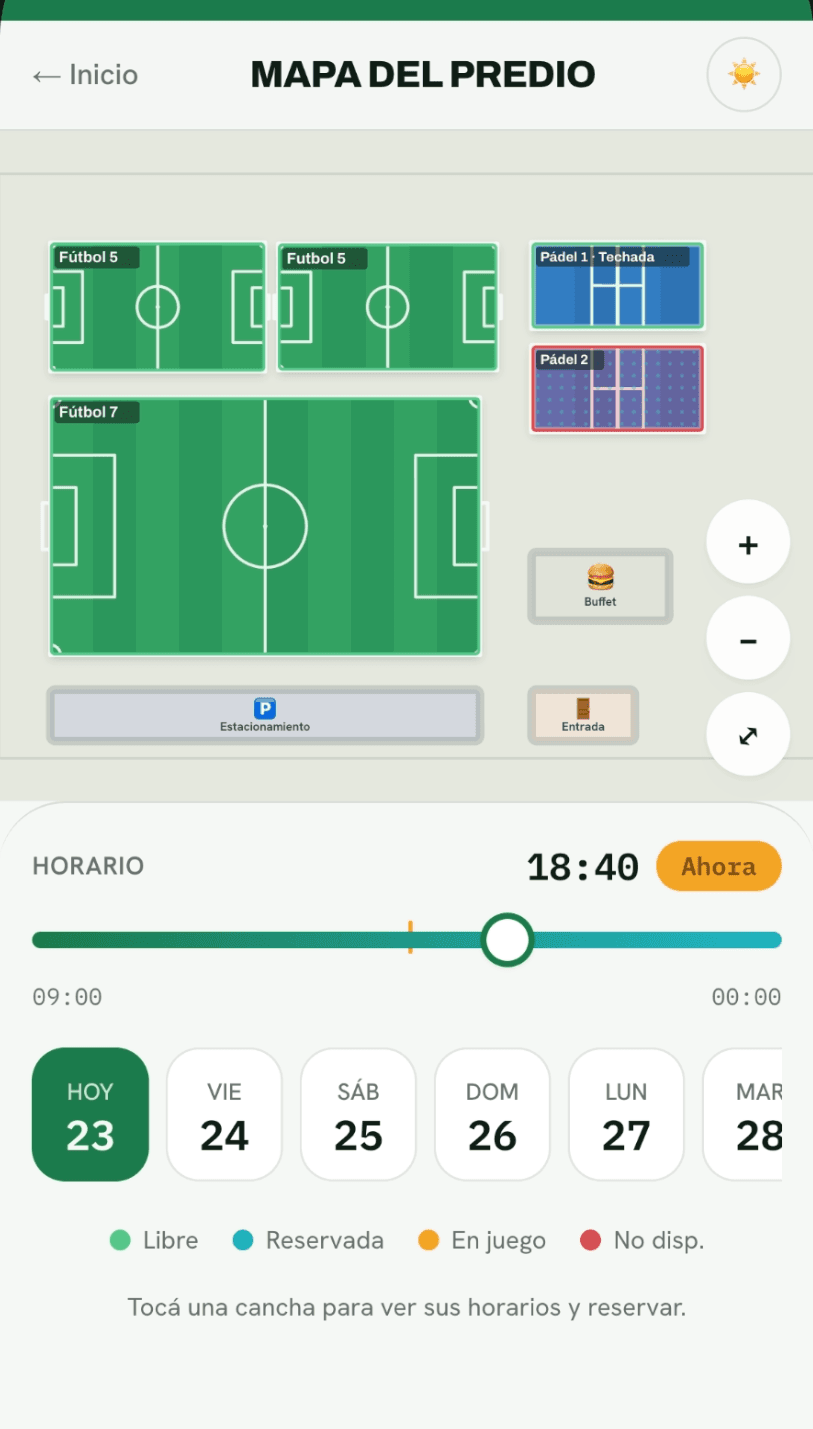 MATCHPOINT — mapa del predio en vivo, con las canchas libres u ocupadas por hora